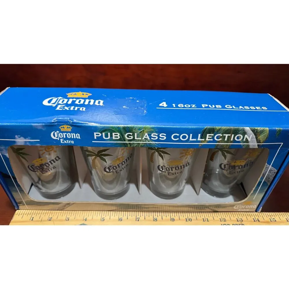 2007 Corona Extra Pub Glass Collection 16oz Beer Glasses Gift Set Four 4 Glasses